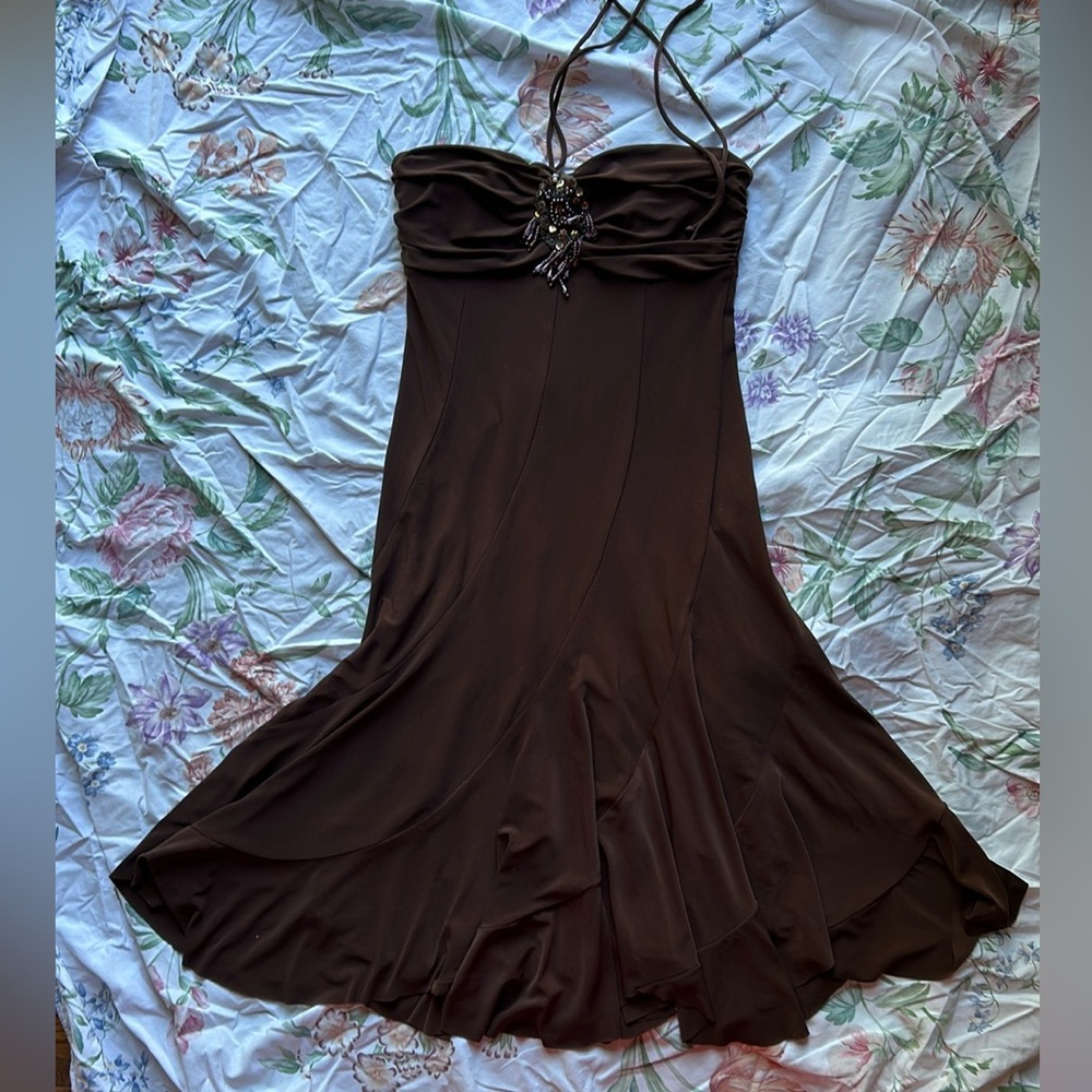 vintage 90s brown midi halter dress with beaded embroidered detailing, size 5/6 - Picture 1 of 6